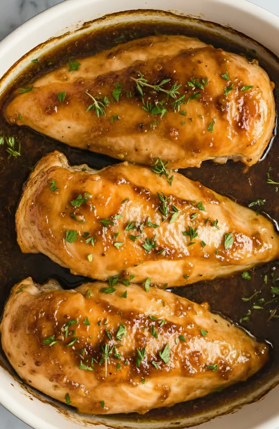 A close-up of Oven Baked Brown Sugar Garlic Chicken breasts in a baking dish, featuring a glossy caramelized glaze and garnished with fresh thyme.