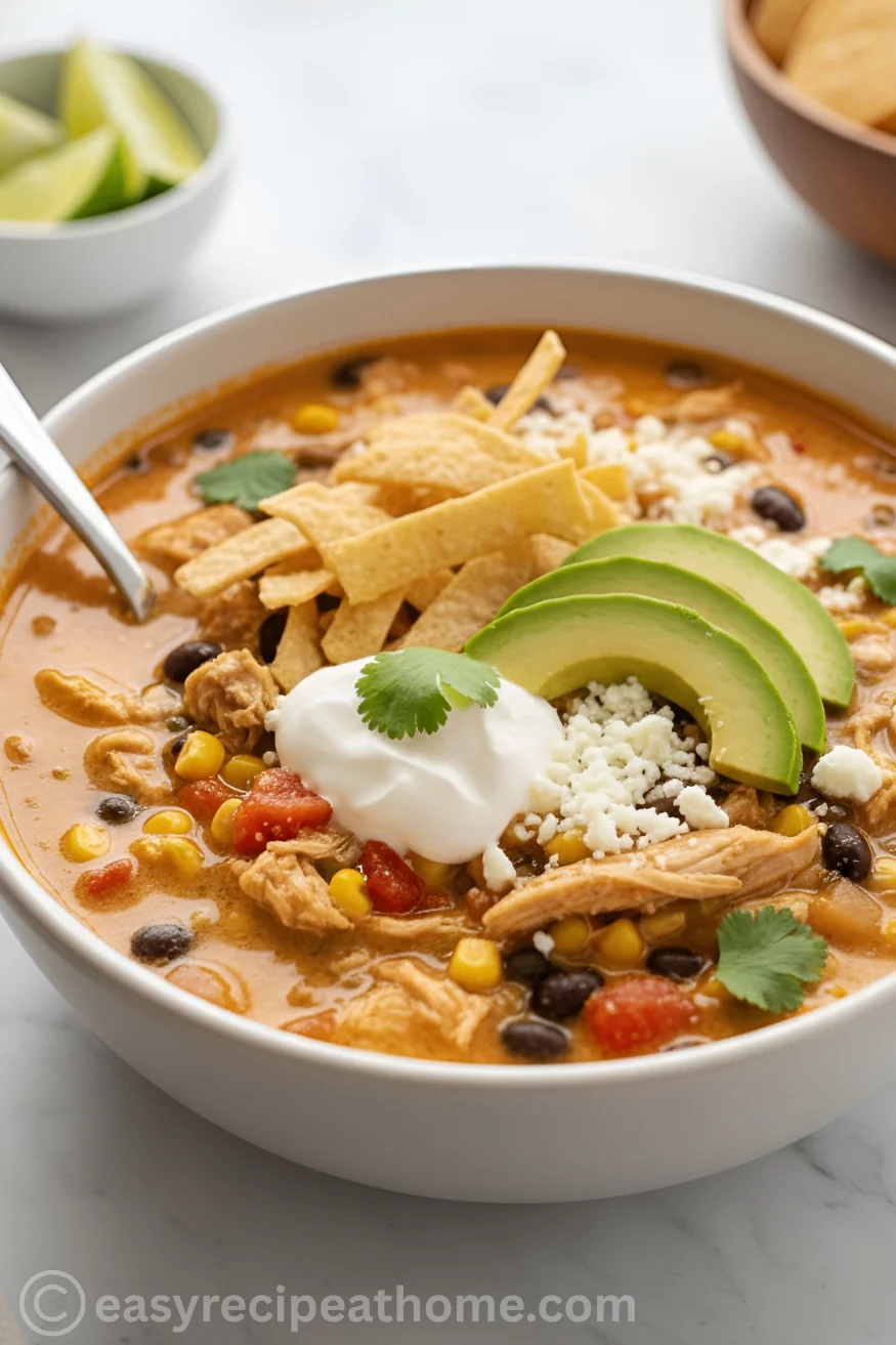 A white ceramic bowl filled with shredded chicken taco soup, topped with sliced avocado, a dollop of sour cream, and taco chips
