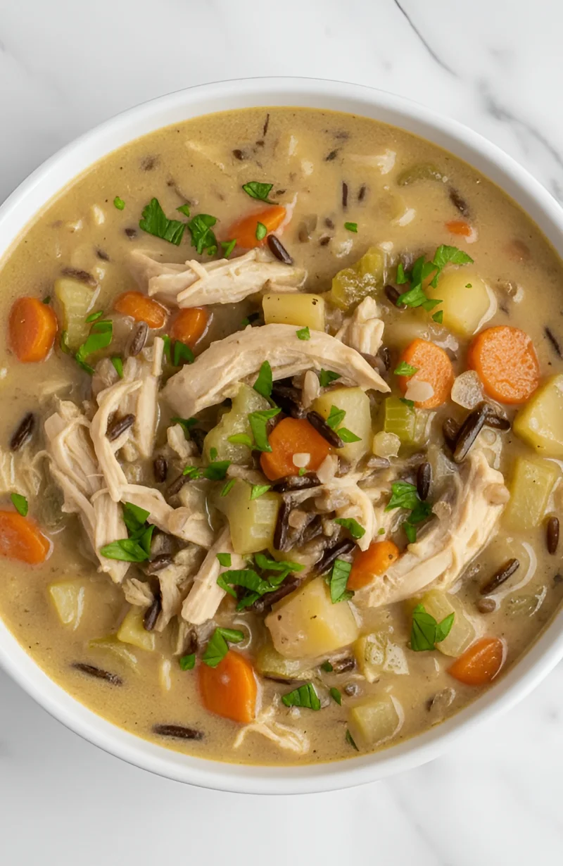 A comforting bowl of healthy chicken wild rice soup, creamy and rich, featuring tender chicken, nutty wild rice, and chopped vegetables, garnished with fresh parsley.