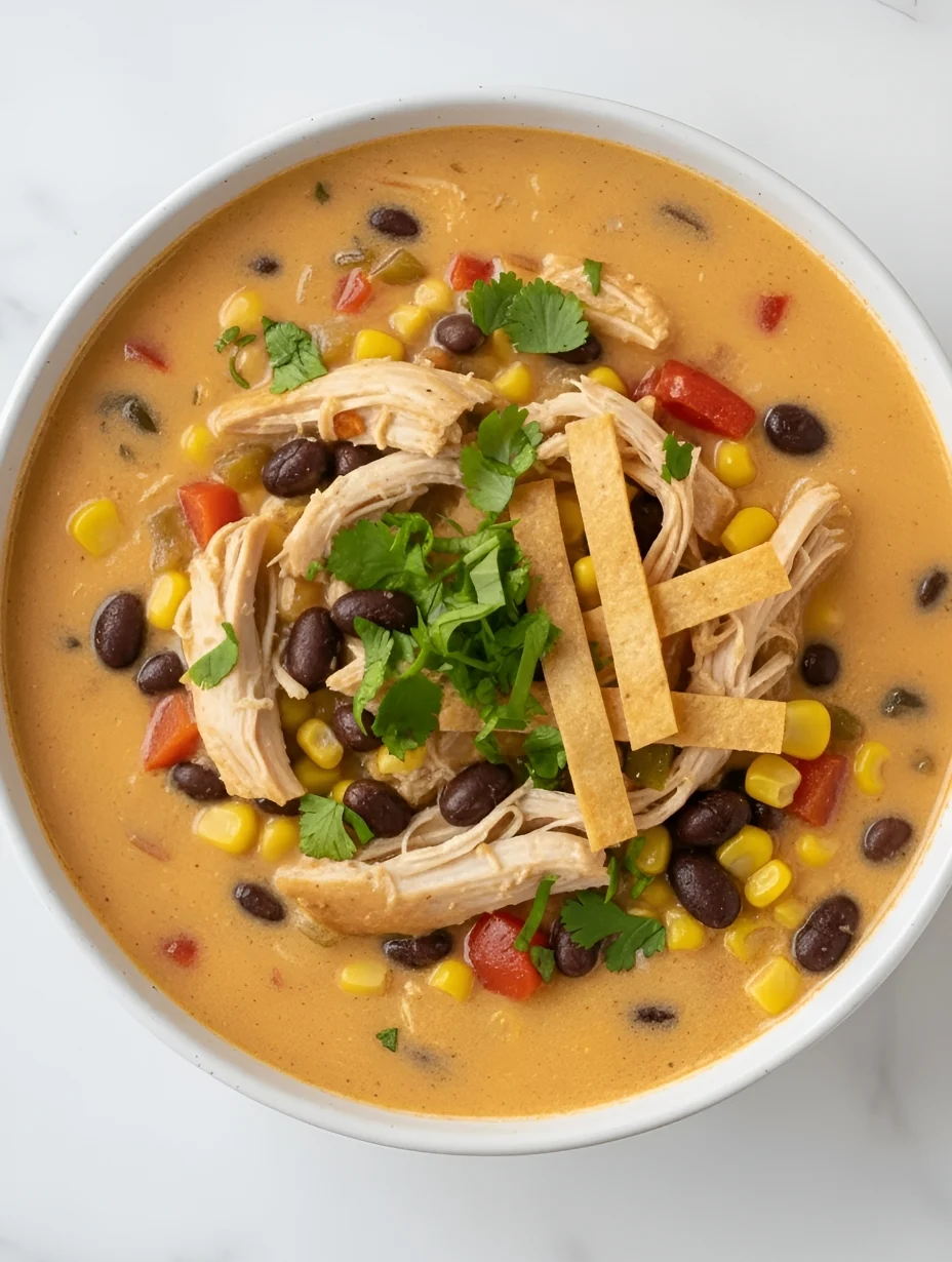 A bowl of creamy chicken taco soup with shredded chicken, black beans, and corn, topped with sour cream, cilantro, and tortilla strips.