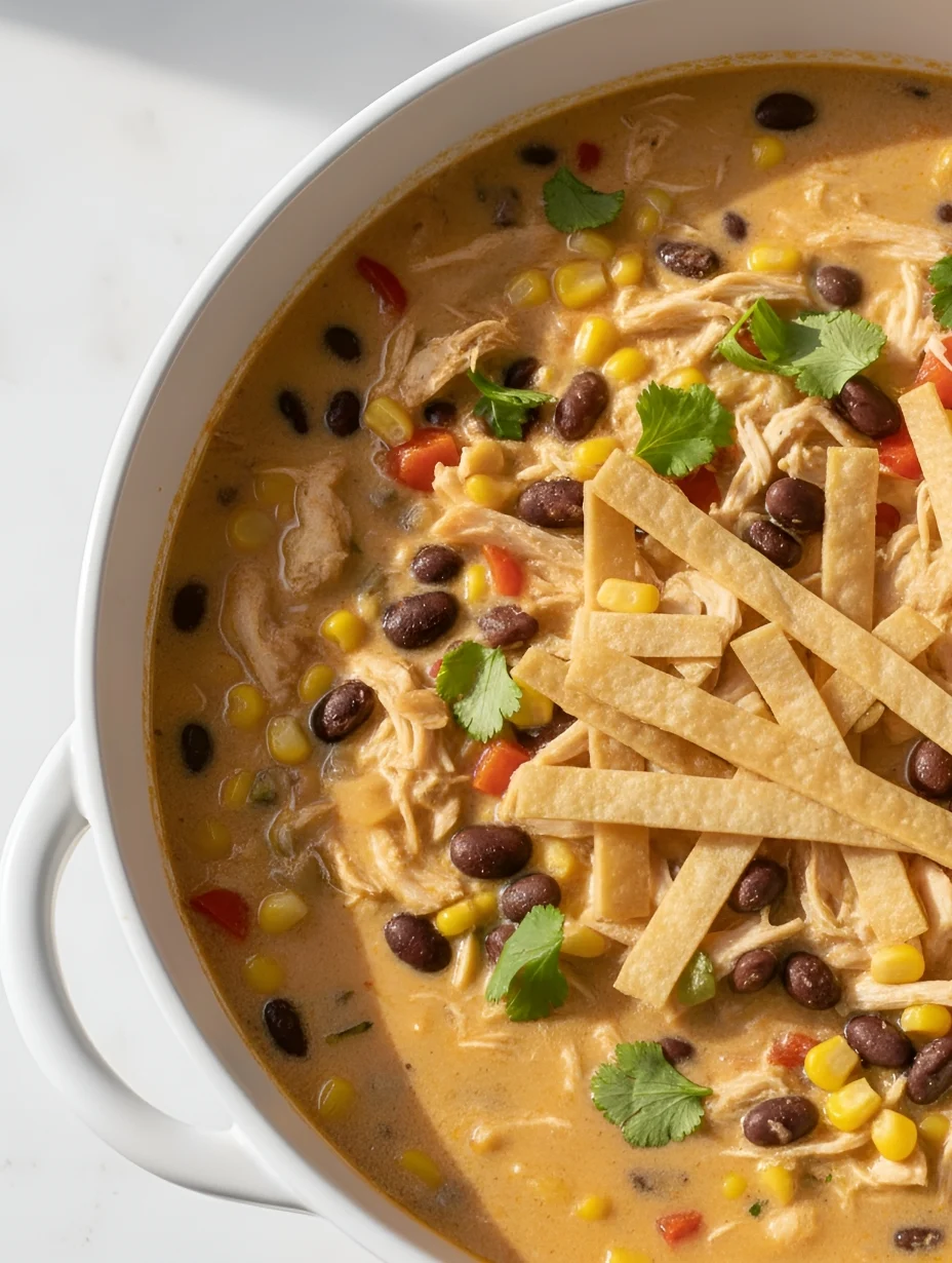 Creamy chicken taco soup simmering inside a slow cooker pot with visible rotisserie chicken and Mexican spices.