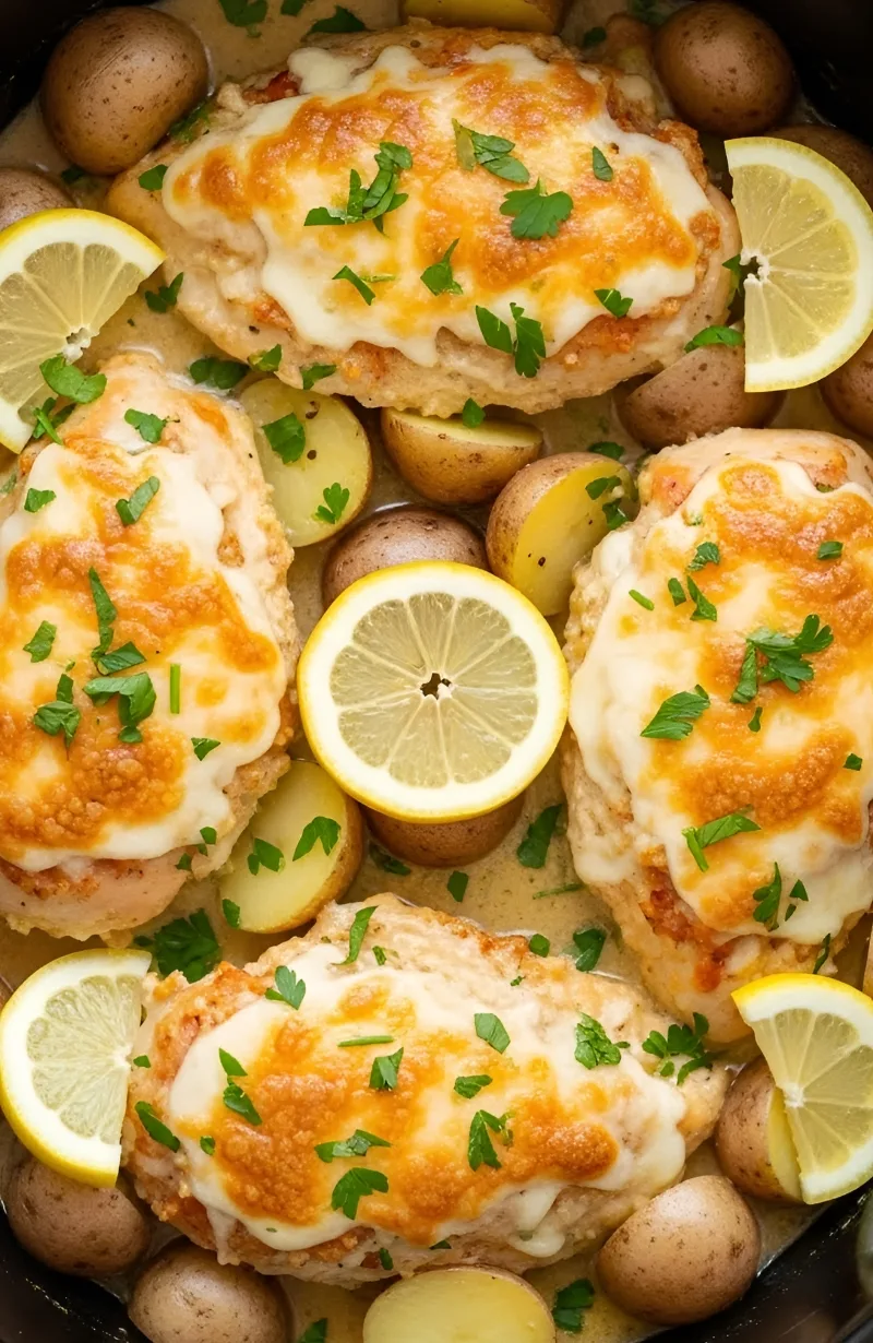 A top-down view of Garlic Parmesan Crockpot Chicken and Potatoes inside a slow cooker, featuring melted Parmesan cheese, creamy garlic butter sauce, fresh parsley, and lemon slices.