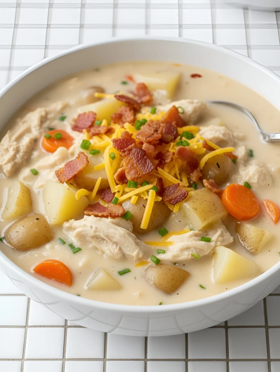 A cozy bowl of creamy healthy chicken potato soup topped with crispy bacon, shredded cheddar cheese, and fresh chives