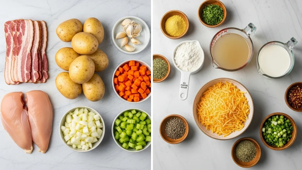 Raw ingredients for healthy chicken potato soup with bacon, including diced Yukon Gold potatoes, shredded cheddar cheese, cubed chicken breast, and fresh vegetables.