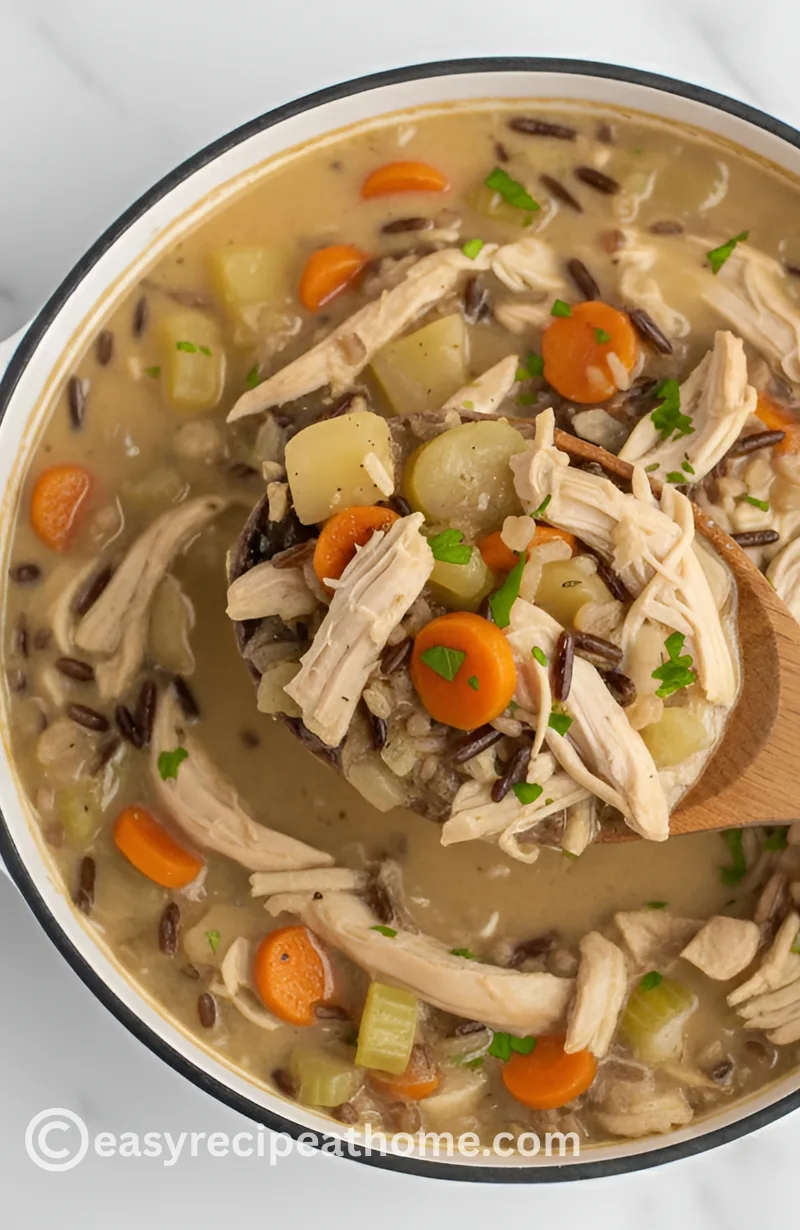 Top-down close-up of a large white ceramic casserole dish filled with creamy chicken and wild rice soup, featuring shredded chicken, dark wild rice, carrots, and celery, with a wooden spoon lifting a scoop of soup, set on a light grey surface