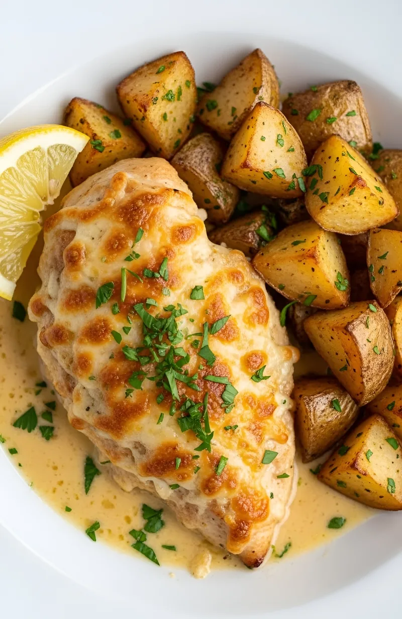 A served plate of Garlic Parmesan Crockpot Chicken and Potatoes featuring a juicy chicken breast smothered in creamy garlic sauce and melted cheese, paired with tender golden potatoes and a lemon garnish.