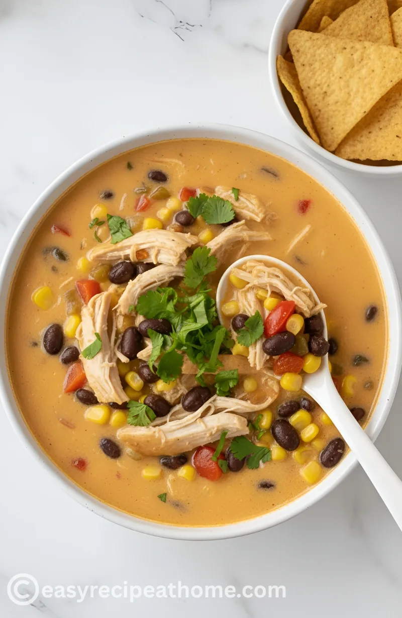chicken taco soup simmering inside a slow cooker pot with visible rotisserie chicken and Mexican spices.