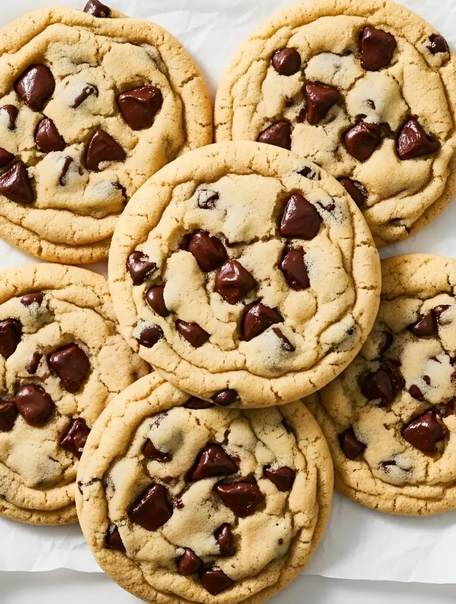 Bakery style chocolate chip cookies stacked on a wooden surface, featuring thick chewy centers, molten chocolate pools, and golden crinkly edges.