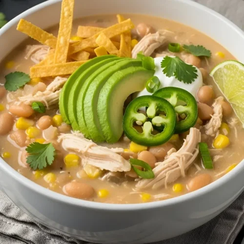 Healthy White Chicken Chili Crockpot served in a white ceramic bowl on a dark marble surface, featuring a creamy broth with shredded chicken, white beans, and corn, topped with avocado, tortilla strips, and lime