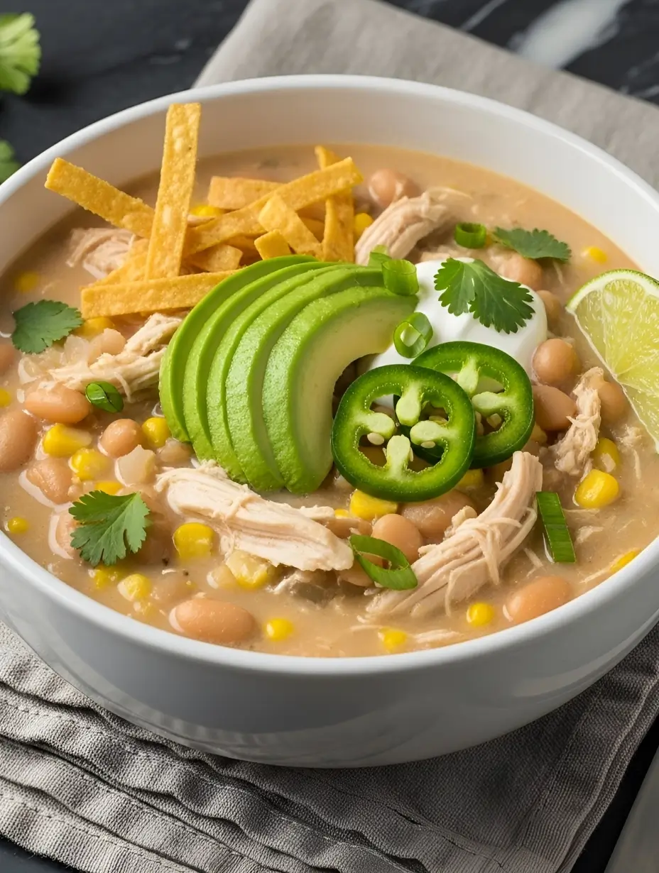 Healthy White Chicken Chili Crockpot served in a white ceramic bowl on a dark marble surface, featuring a creamy broth with shredded chicken, white beans, and corn, topped with avocado, tortilla strips, and lime