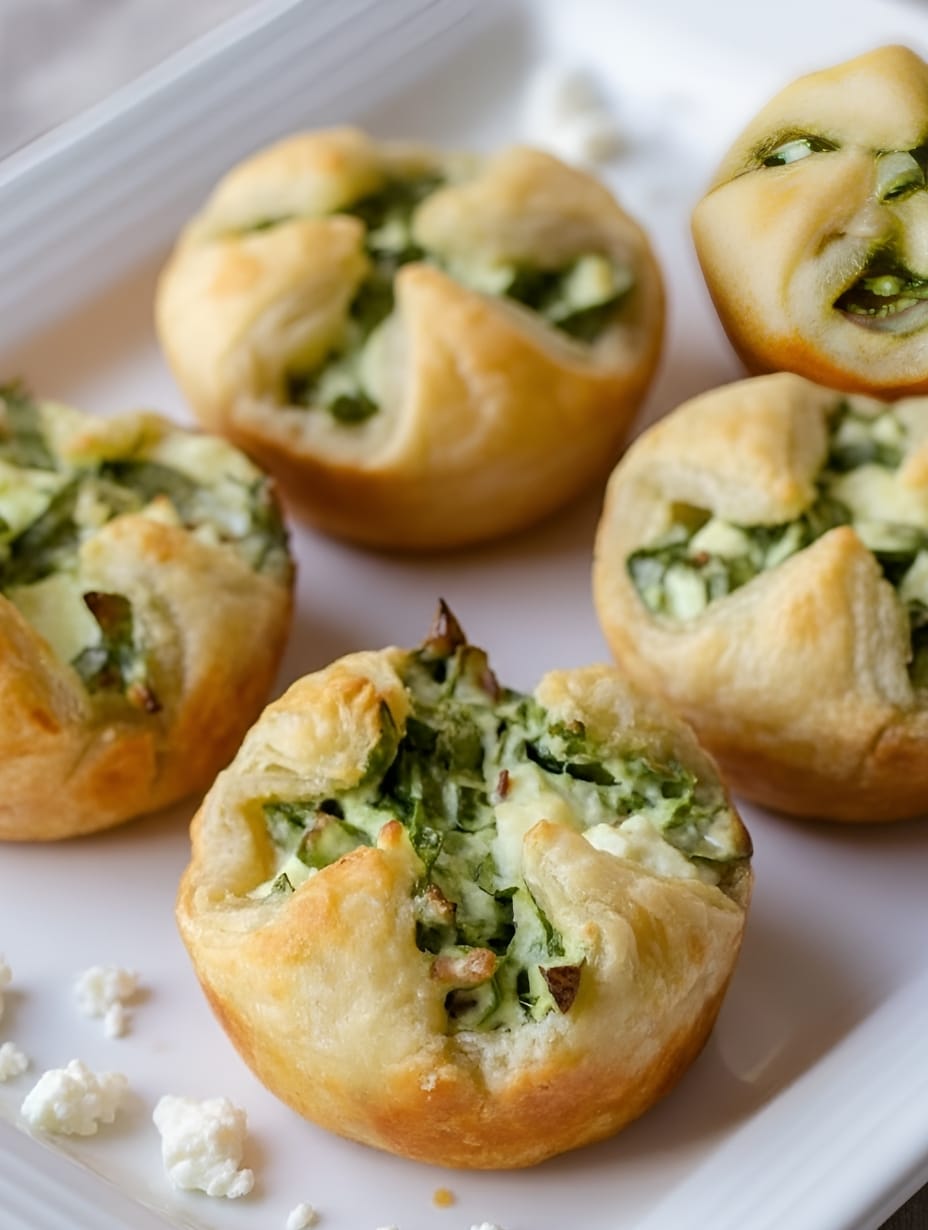 Freshly baked golden brown spinach and cheese puffs on a ceramic plate, showcasing the flaky puff pastry texture