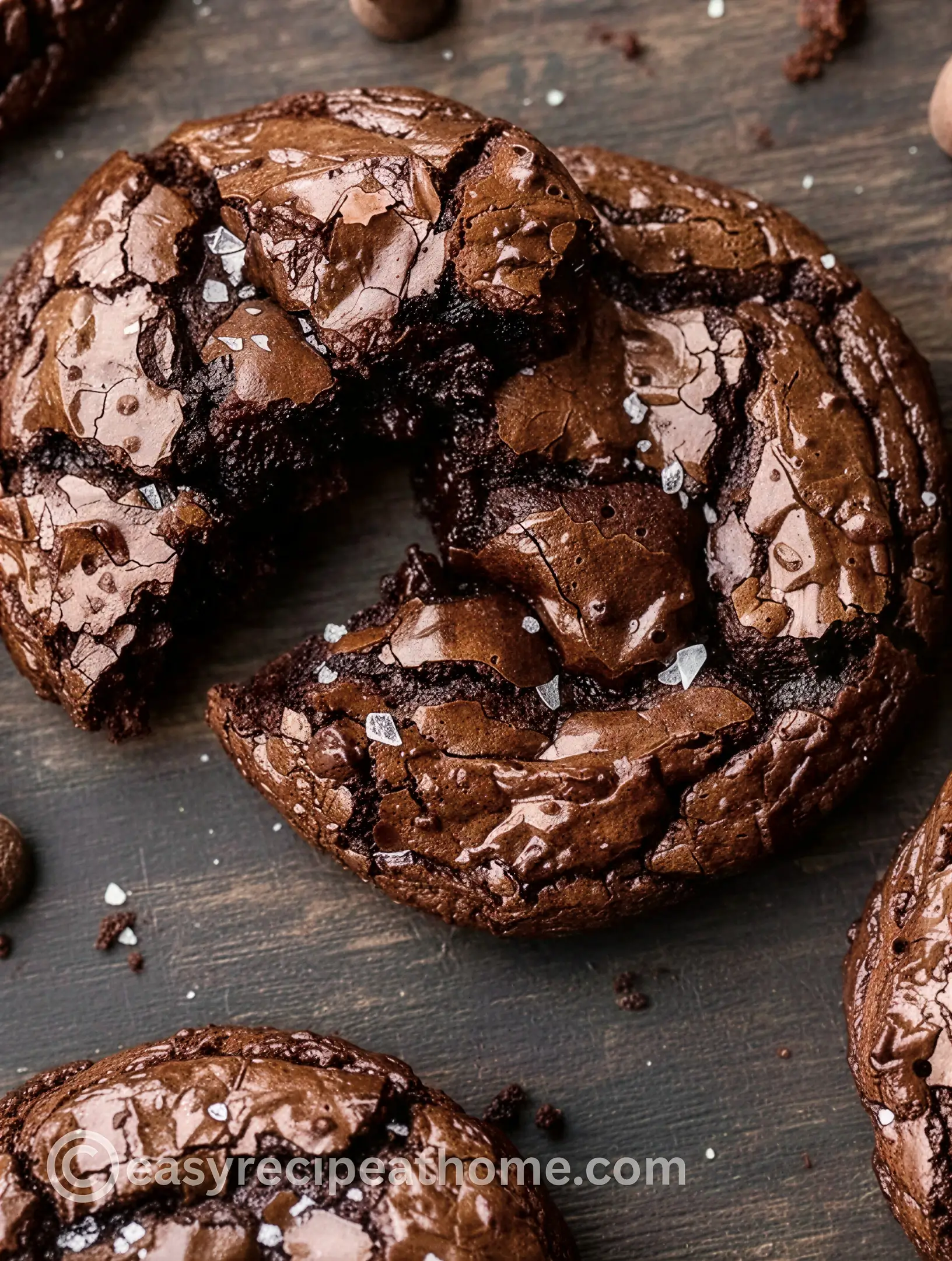 Top-down close-up of a chewy chocolate brookie with a shiny cracked crust and sea salt flakes on a dark wooden background