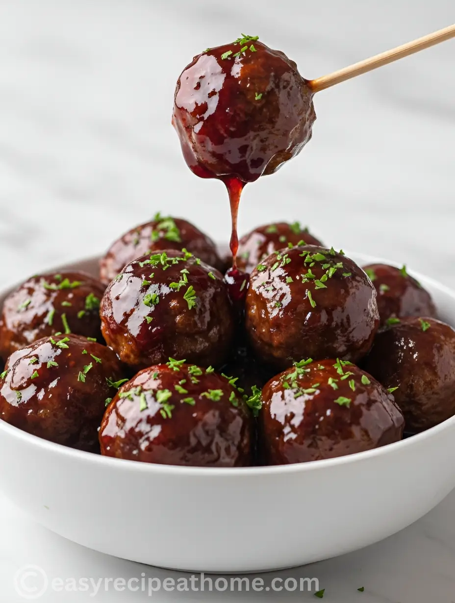 A close-up photo of glossy grape jelly meatballs in a white bowl, with one being lifted on a toothpick as sauce drips.