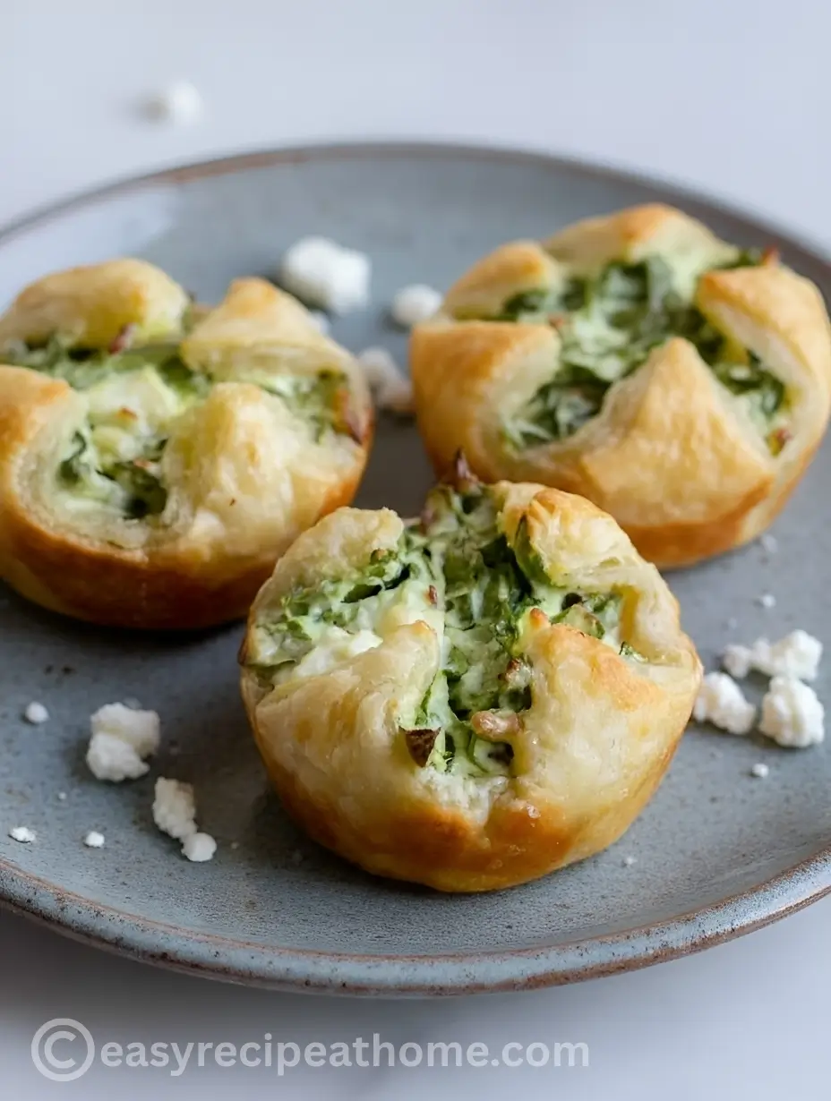 Three golden-brown and flaky spinach cheese puffs with visible feta and creamy spinach filling served on a plate