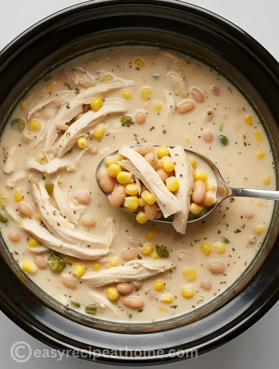 Overhead view of creamy White Chicken Chili in a slow cooker featuring shredded chicken, white beans, and corn in a velvety broth with a metallic spoon