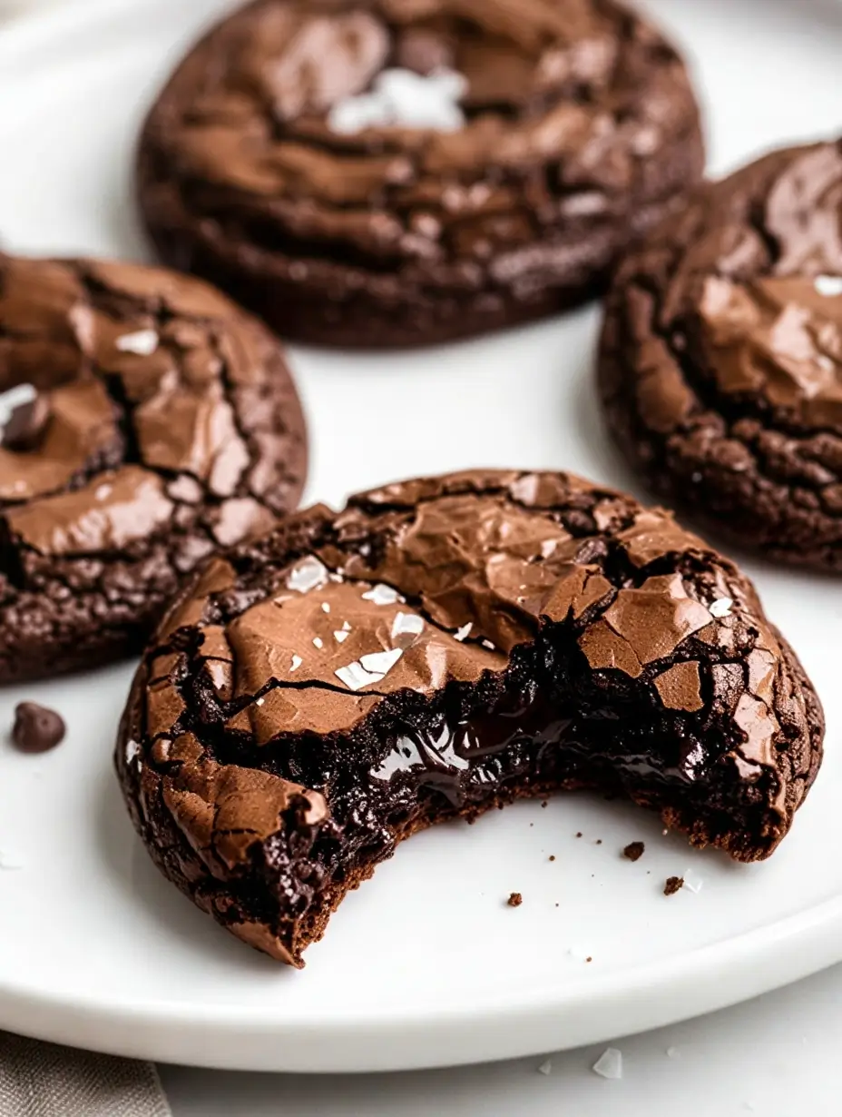 A close-up of freshly baked fudgy and chewy brookies on a white plate, featuring a shiny crinkle top and a gooey, molten brownie cookie center with flakes of sea salt