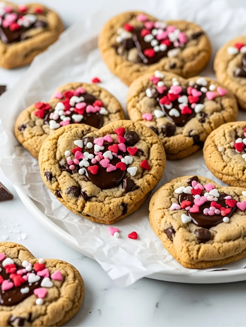 Homemade bakery-style heart-shaped chocolate chip cookies with gooey chocolate, heart sprinkles, and a soft chewy texture.
