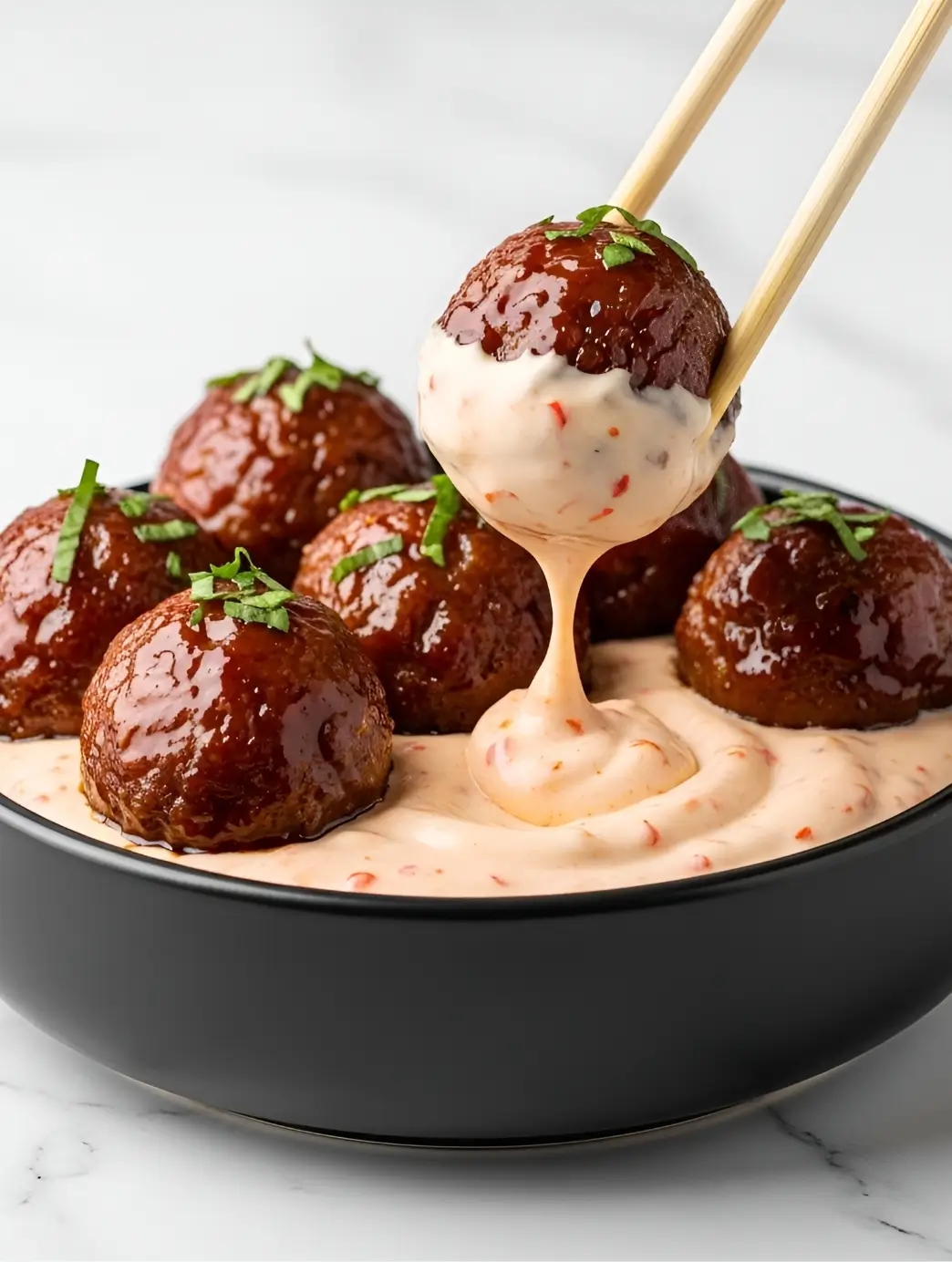 Close-up of sticky Korean BBQ meatballs drizzled with creamy spicy mayo