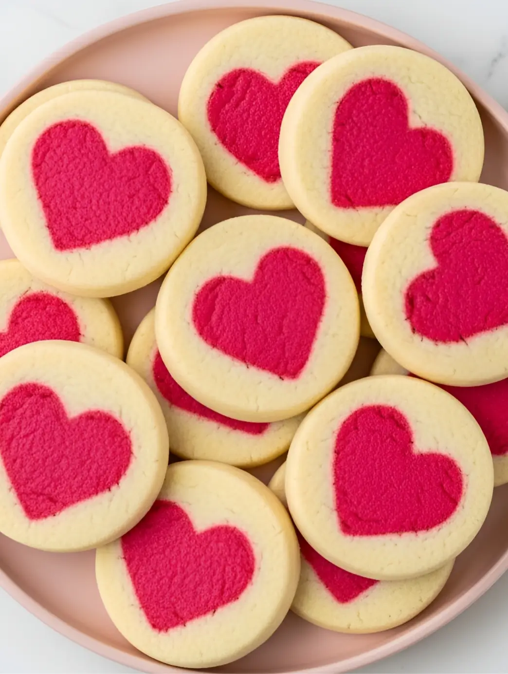 Slice and bake heart cookies with smooth, embedded pink hearts, baked evenly and arranged on a pink ceramic plate on a marble table