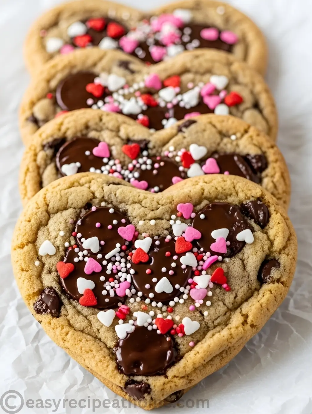 heart shaped chocolate chip cookies with gooey chocolate, heart sprinkles