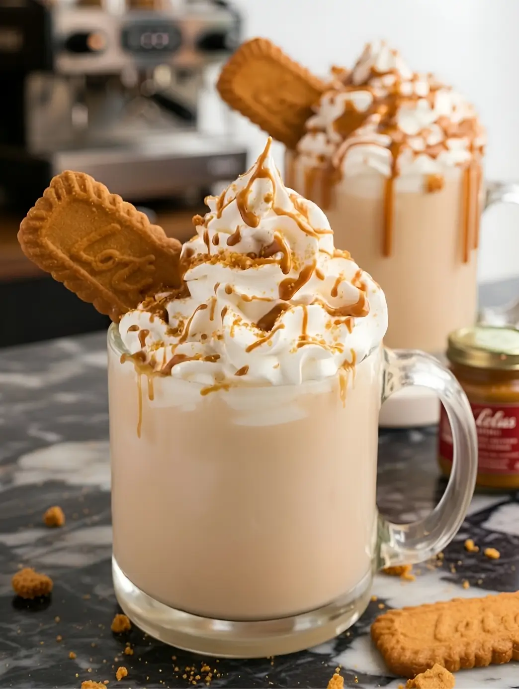 A glass mug filled with a hot, creamy Biscoff Cookie Butter Latte, beautifully topped with fluffy whipped cream, melted speculoos cookie butter drizzle, and crushed Lotus biscuits.