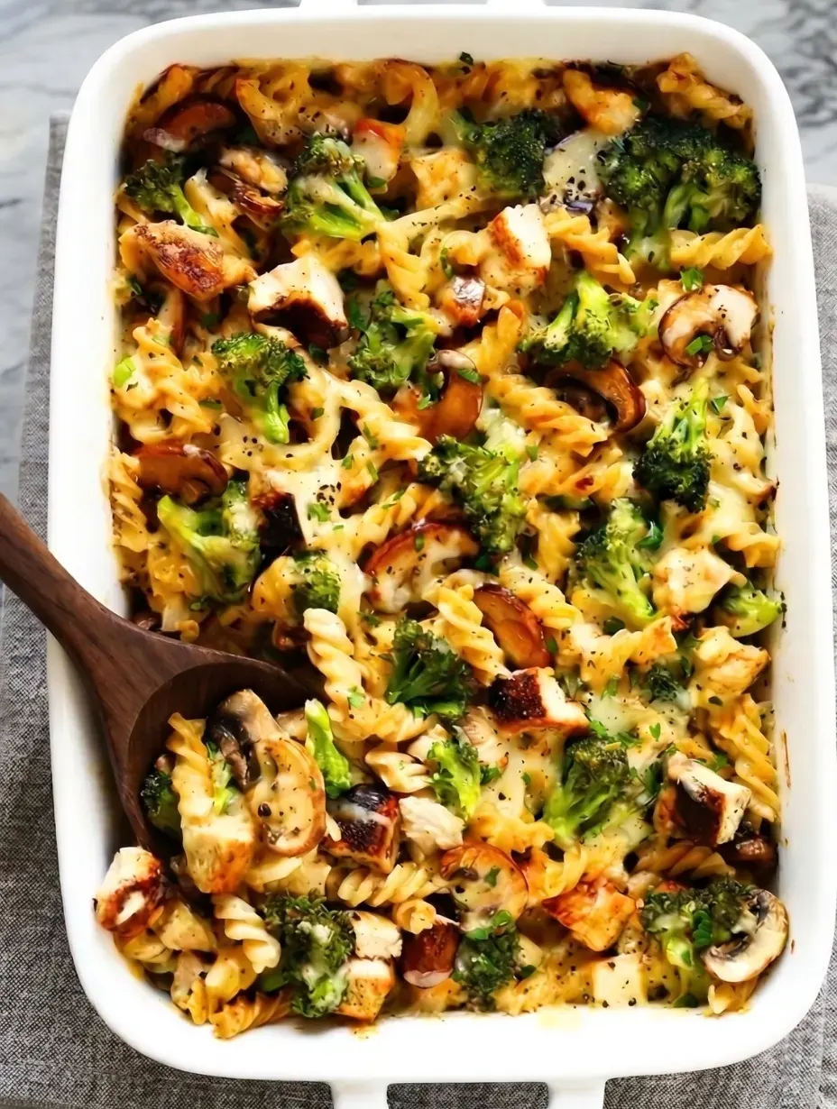 Gemini said A close-up, top-down photograph of a healthy broccoli chicken casserole in a white ceramic baking dish. The casserole features cooked spiral pasta, roasted chicken pieces, broccoli florets, and sliced mushrooms in a creamy sauce, all baked with melted cheese and fresh parsley garnish