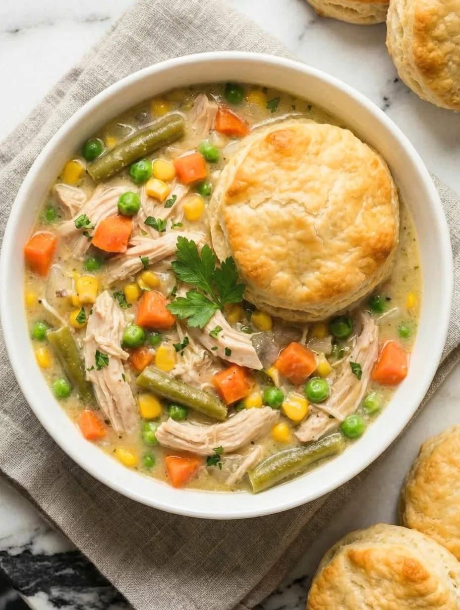 A close-up overhead view of creamy chicken pot pie crock pot stew loaded with shredded chicken, carrots, peas, and green beans, served in a white bowl and topped with a golden, flaky buttermilk biscuit.