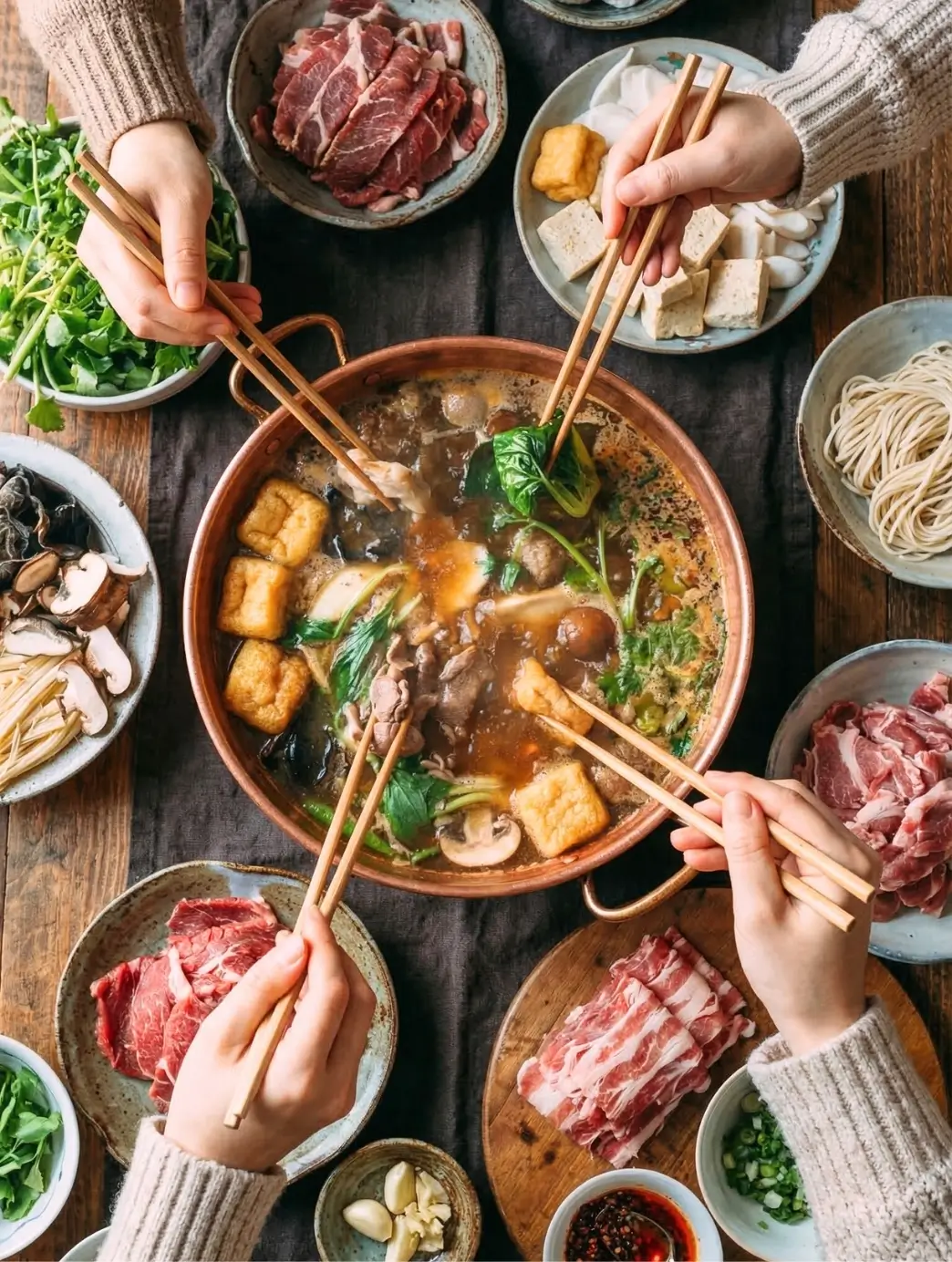 A bubbling split pot of Chinese hot pot at home, surrounded by plates of thinly sliced beef, fresh vegetables, and dipping sauces.