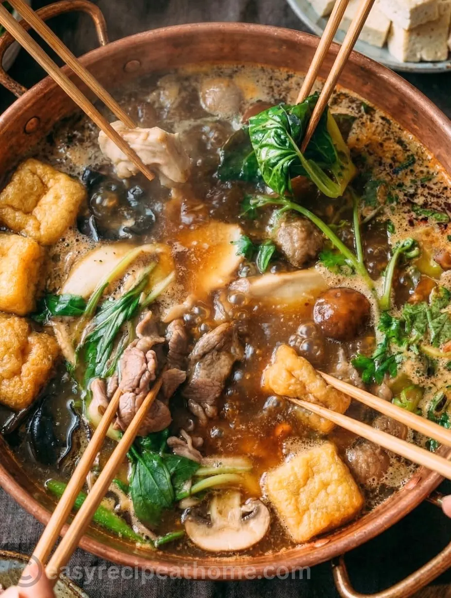 A close-up of a stainless steel split pot sitting securely on a tabletop portable butane burner, ready for a homemade Chinese hot pot dinner with small wire mesh strainers resting on the side.