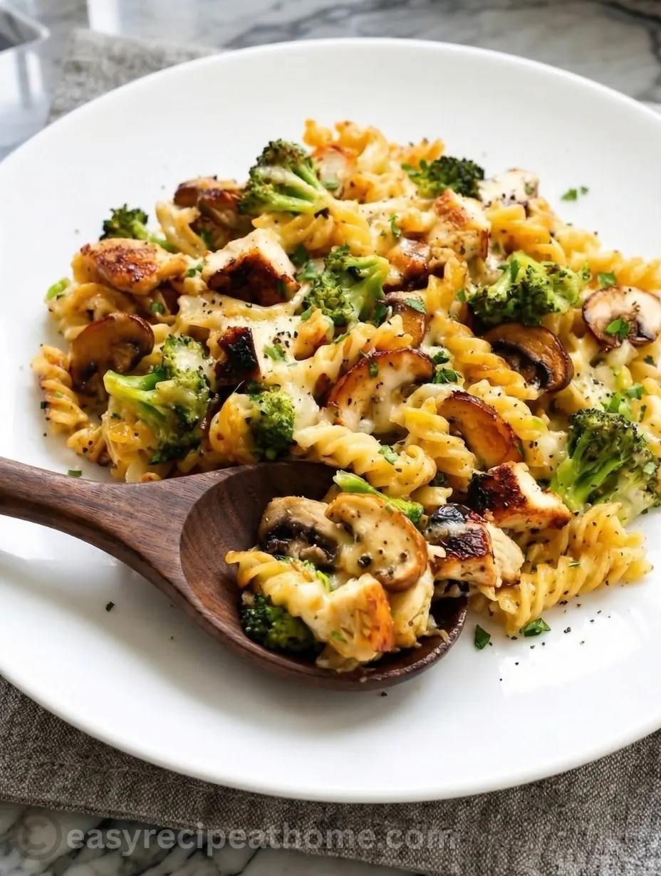 A white plate serving healthy broccoli chicken casserole made with spiral pasta, seared chicken, mushrooms, and melted cheese, with a wooden spoon resting on the plate.