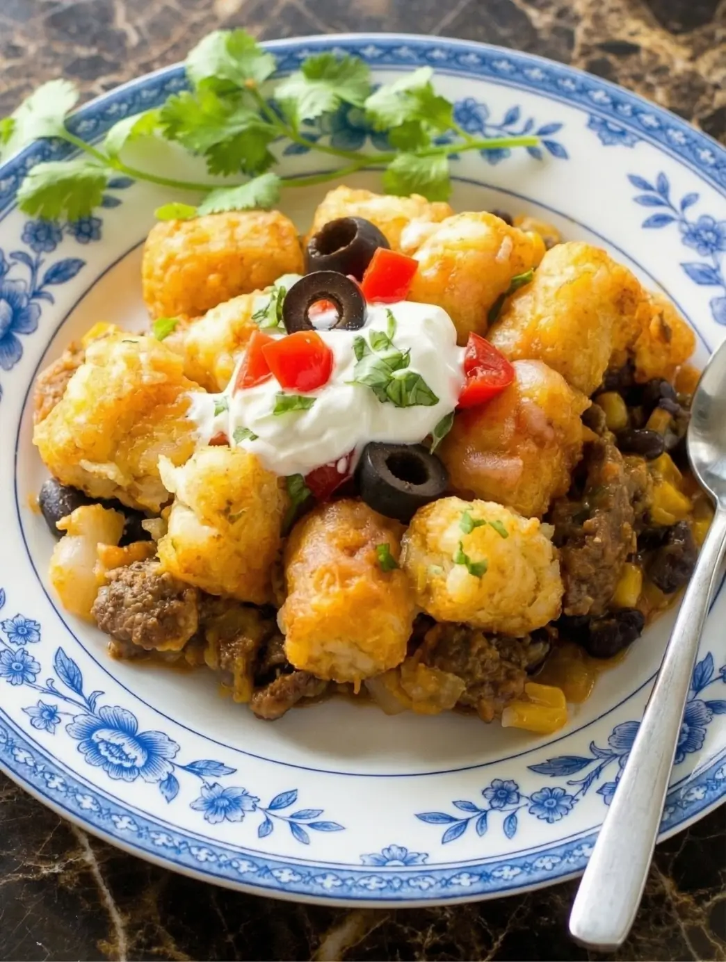A generous portion of bubbling Tater Taco Casserole served on a dining plate, revealing thick layers of seasoned ground beef, black beans, and melted Mexican cheese, all crowned with golden crispy taco tots, fresh diced tomatoes, cilantro, and a scoop of cool sour cream.