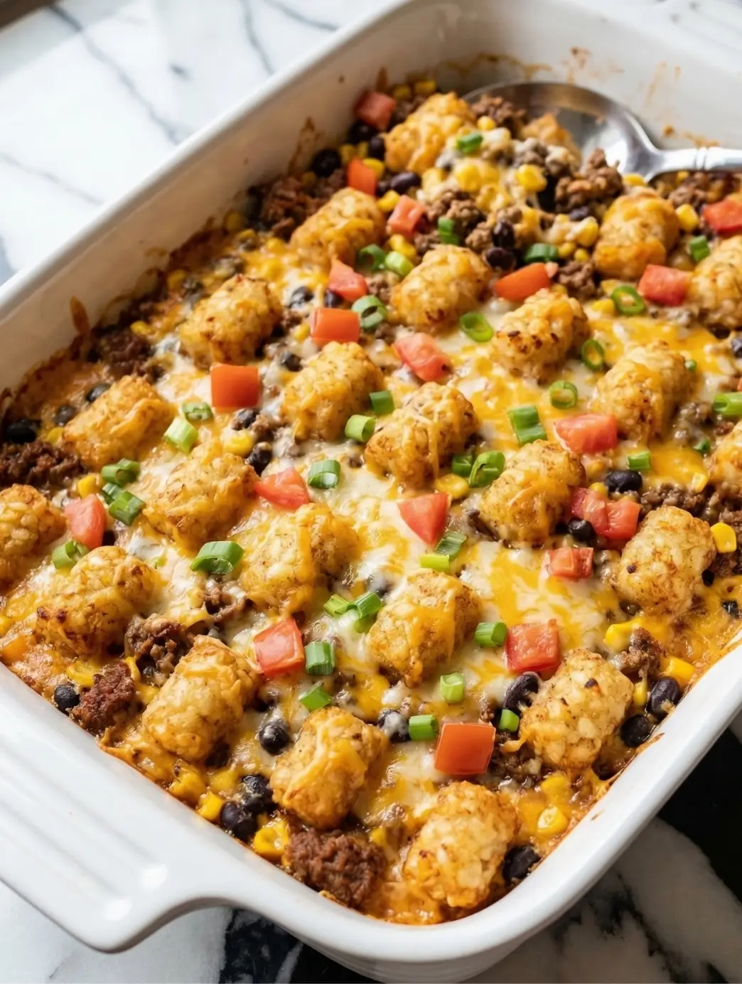 A close-up of a bubbling, freshly baked Tater Taco Casserole in a baking dish, featuring a layer of savory ground beef, black beans, and sweet corn, topped with melted Mexican cheese, red enchilada sauce, and perfectly crispy golden tater tots.