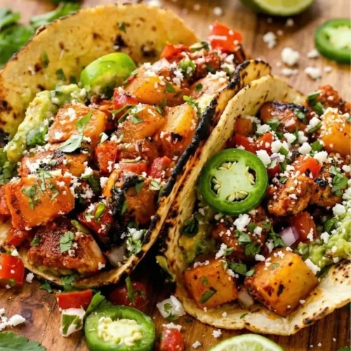 authentic Chicken Al Pastor Tacos on charred corn tortillas, loaded with juicy marinated chicken, fresh pineapple, cilantro, and cotija cheese on a rustic wooden board