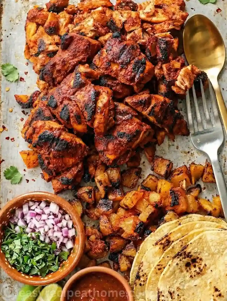Chicken Al Pastor, loaded with juicy marinated chicken, fresh pineapple, cilantro, and onions