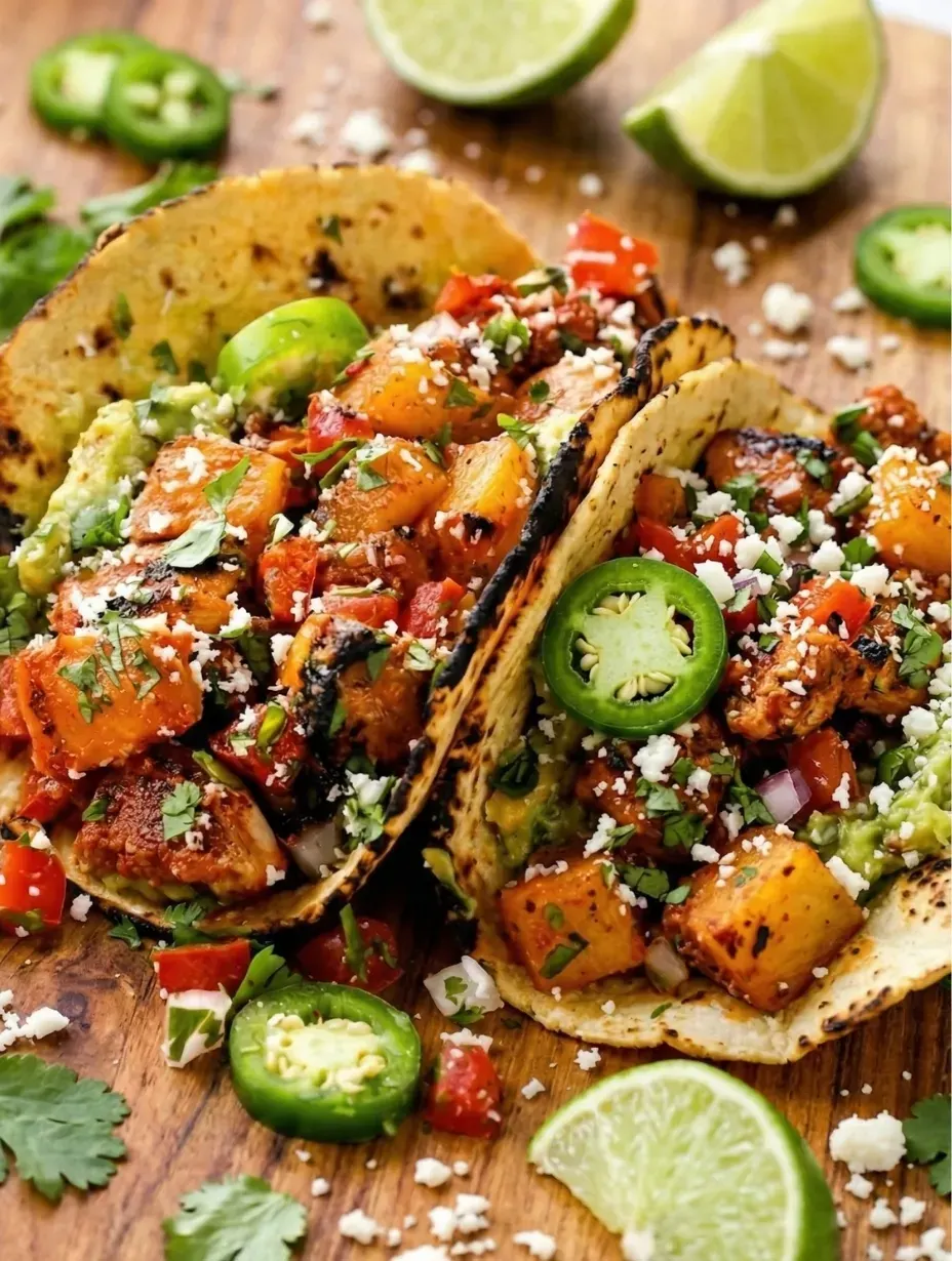 authentic Chicken Al Pastor Tacos on charred corn tortillas, loaded with juicy marinated chicken, fresh pineapple, cilantro, and cotija cheese on a rustic wooden board