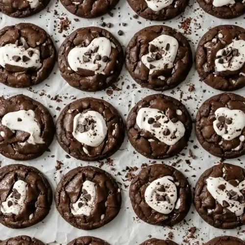 homemade Chocolate Marshmallow Swirl Cookies stacked high, showing off the dark cocoa base heavily marbled with gooey white marshmallow fluff.