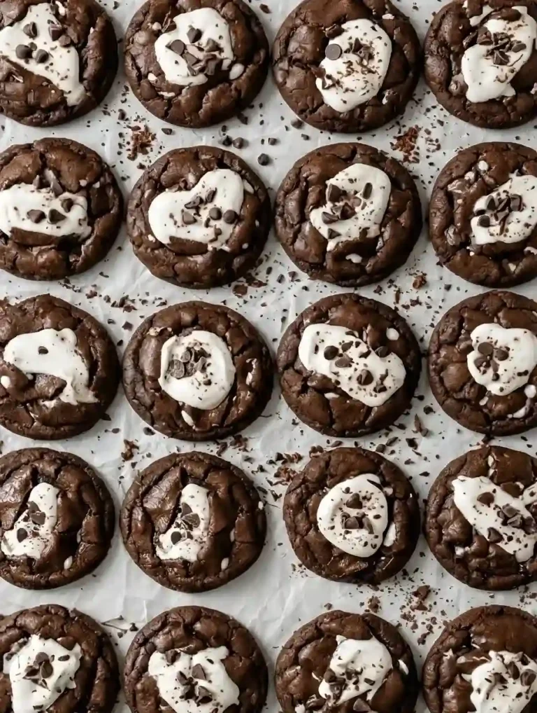 homemade Chocolate Marshmallow Swirl Cookies stacked high, showing off the dark cocoa base heavily marbled with gooey white marshmallow fluff.