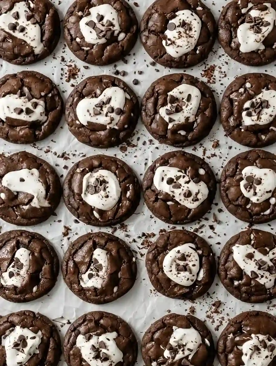homemade Chocolate Marshmallow Swirl Cookies stacked high, showing off the dark cocoa base heavily marbled with gooey white marshmallow fluff.