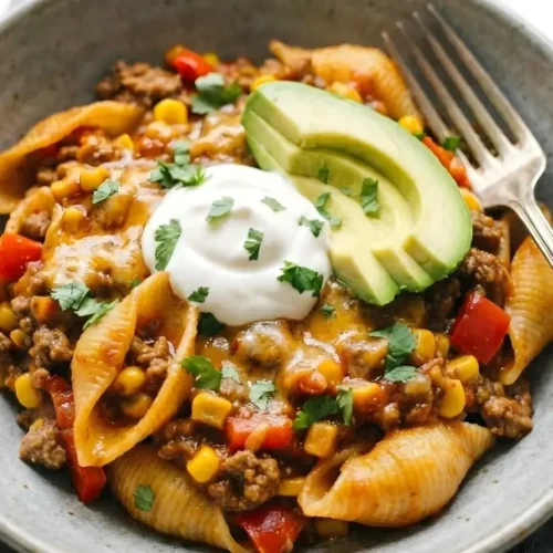 white bowl filled with creamy Slow Cooker Taco Pasta with Ground Beef, sweet corn, and red bell peppers, beautifully garnished with fresh avocado slices and a dollop of sour cream.