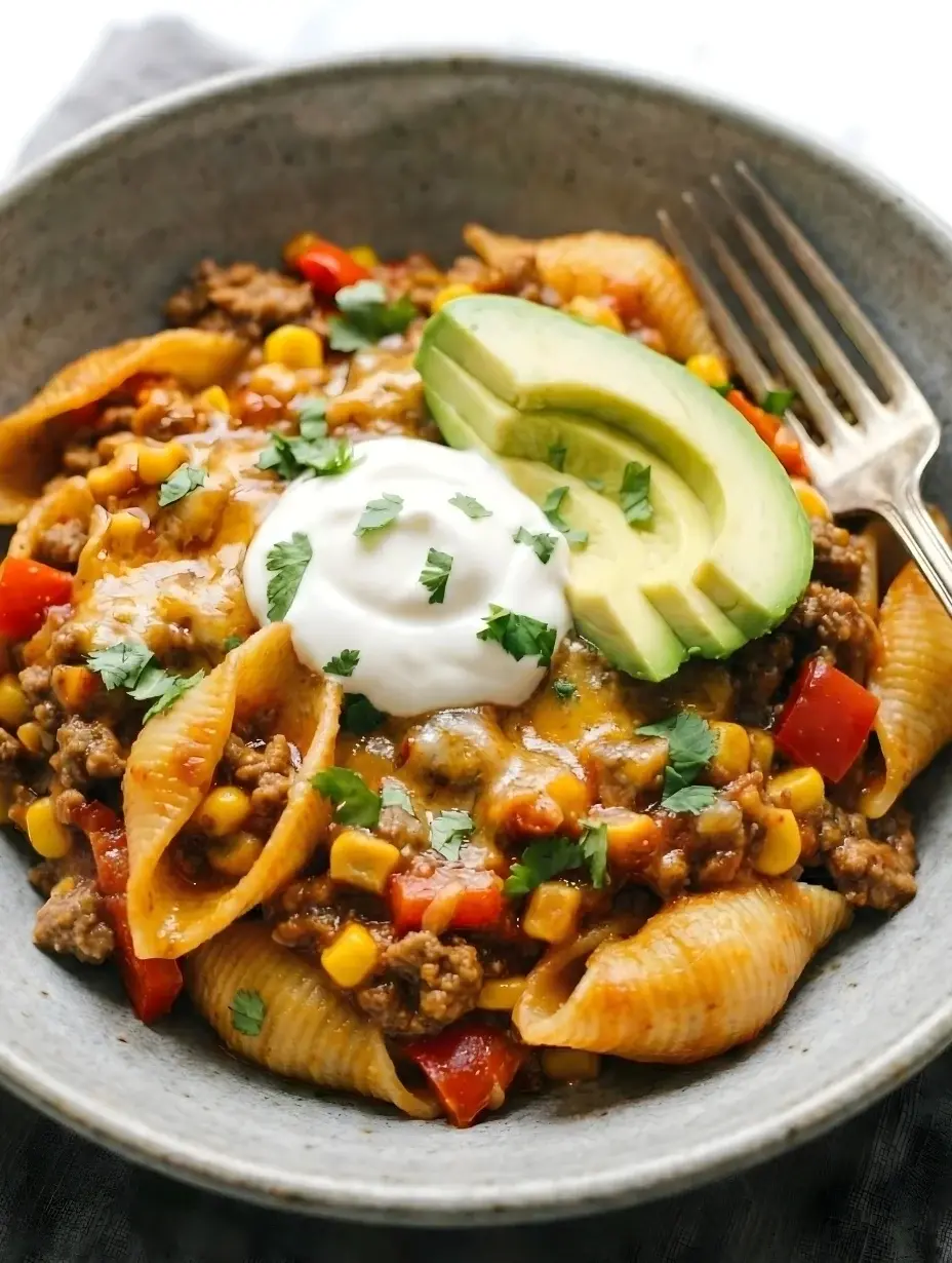 white bowl filled with creamy Slow Cooker Taco Pasta with Ground Beef, sweet corn, and red bell peppers, beautifully garnished with fresh avocado slices and a dollop of sour cream.
