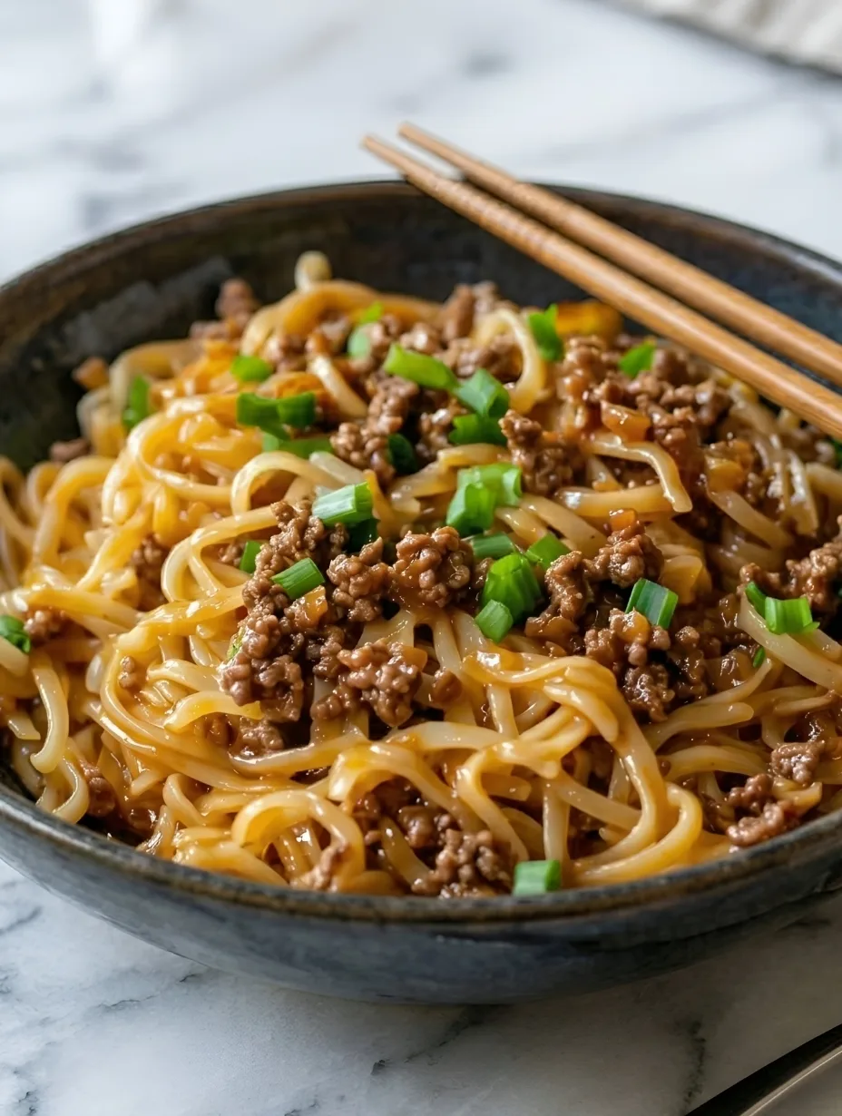 A close-up bowl of saucy Mongolian ground beef noodles garnished with green onions