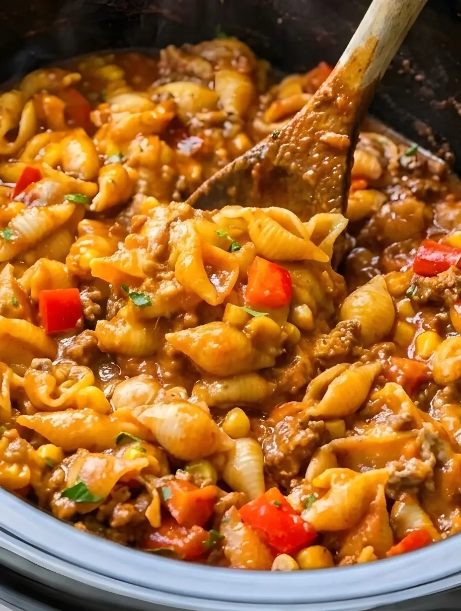 A black slow cooker filled to the brim with bubbling, cheesy Slow Cooker Taco Pasta with Ground Beef, being stirred with a wooden spoon to show the melted cheddar cheese and tender pasta shells.