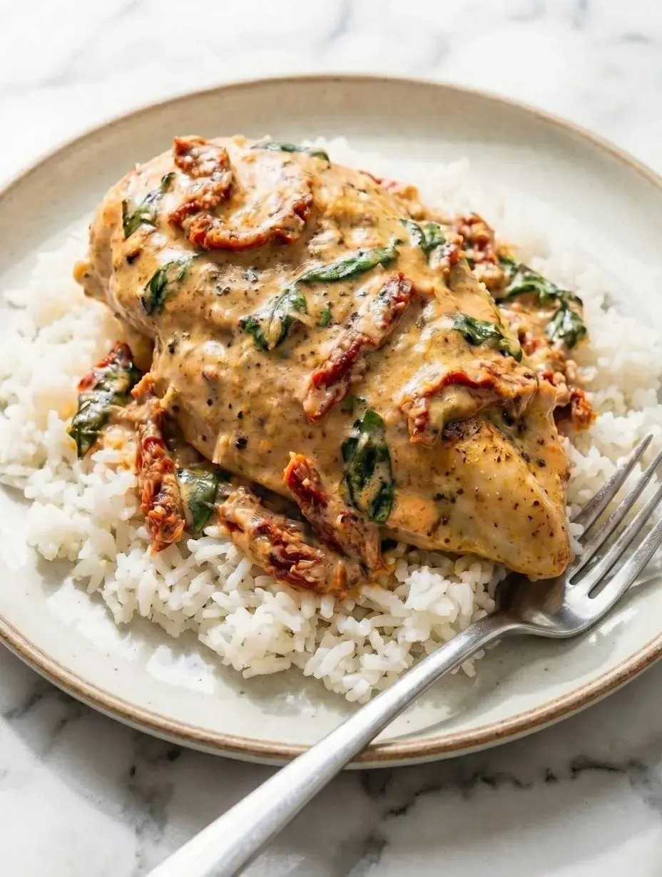 A white plate filled with fluffy rice, generously topped with creamy Crock Pot Marry Me Chicken, sun-dried tomatoes, and a rich garlic sauce.