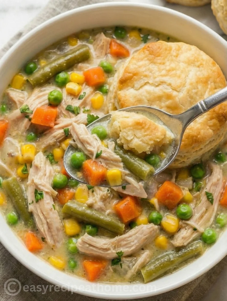 A ladle scooping creamy crockpot chicken pot pie filling with bright peas and carrots onto a warm, flaky golden-brown biscuit.