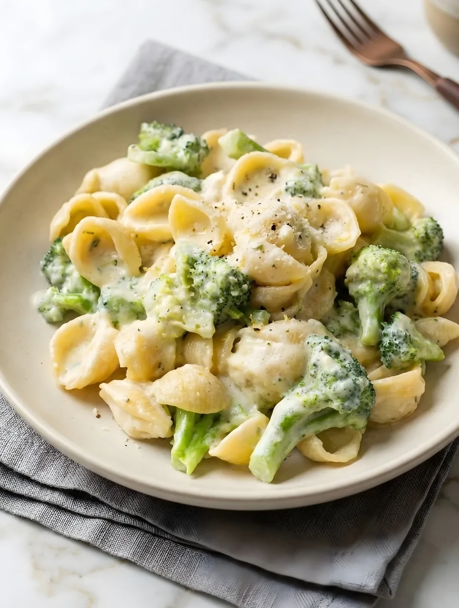 A plate of creamy broccoli pasta with shell noodles and fresh broccoli florets, topped with cracked black pepper