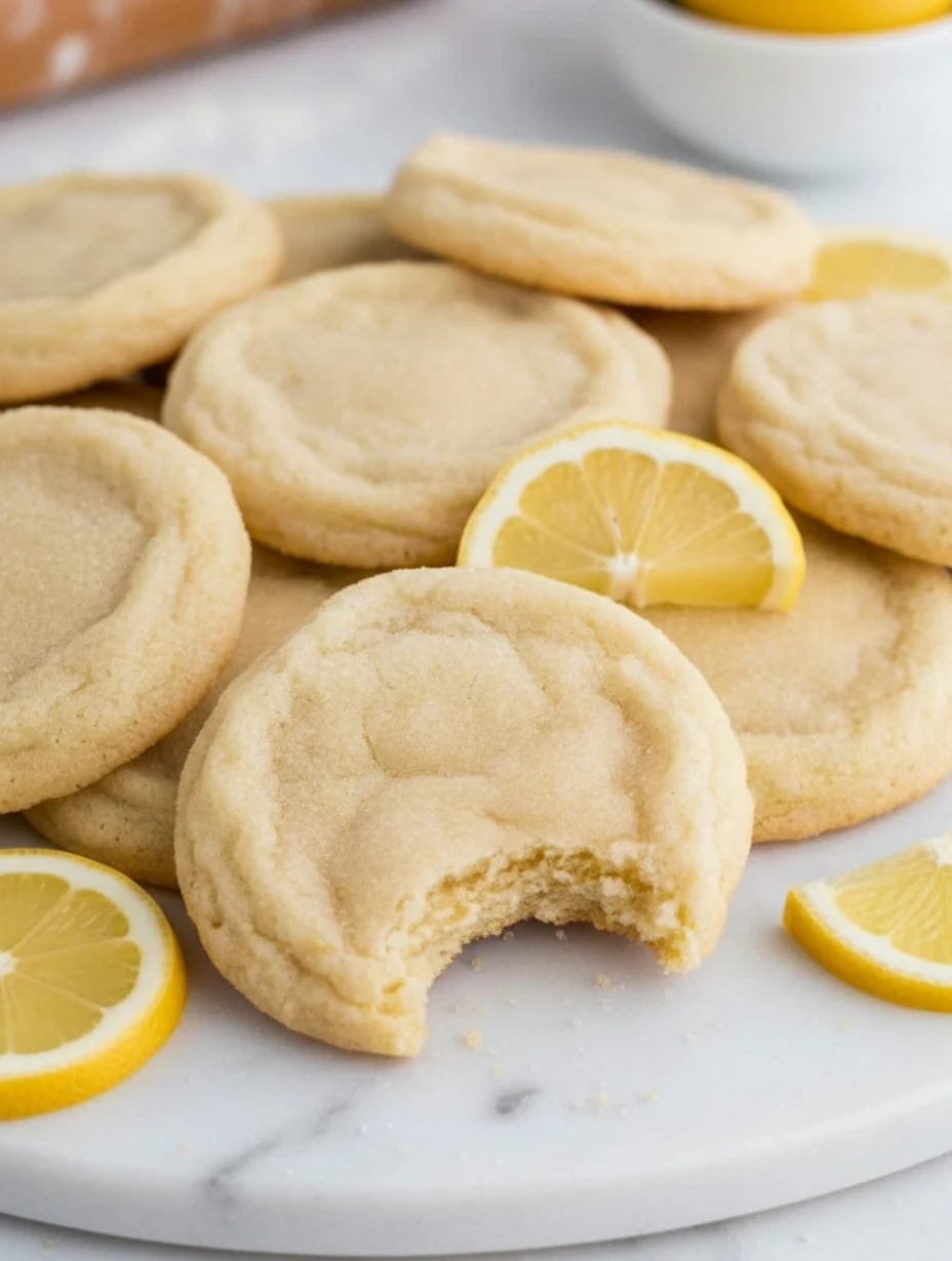 Overhead view of lemon sugar cookies on parchment paper, with one broken in half to show the soft, moist interior texture