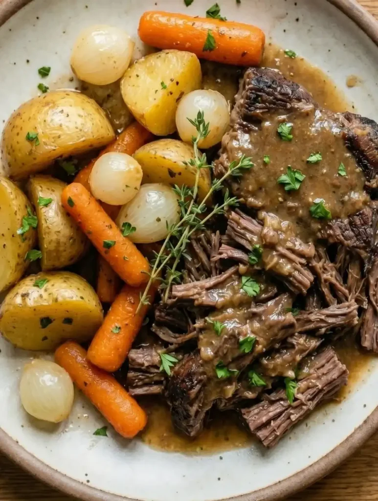 Close-up of Instant Pot chuck roast, juicy and tender beef in flavorful gravy, perfect easy pressure cooker pot roast recipe.