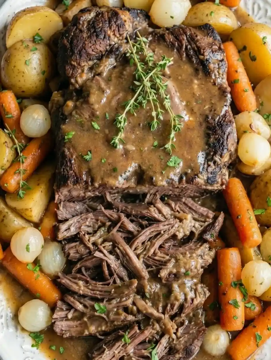 Instant Pot pot roast with tender chuck roast, carrots, and potatoes in a rich savory gravy, easy comfort food dinner.