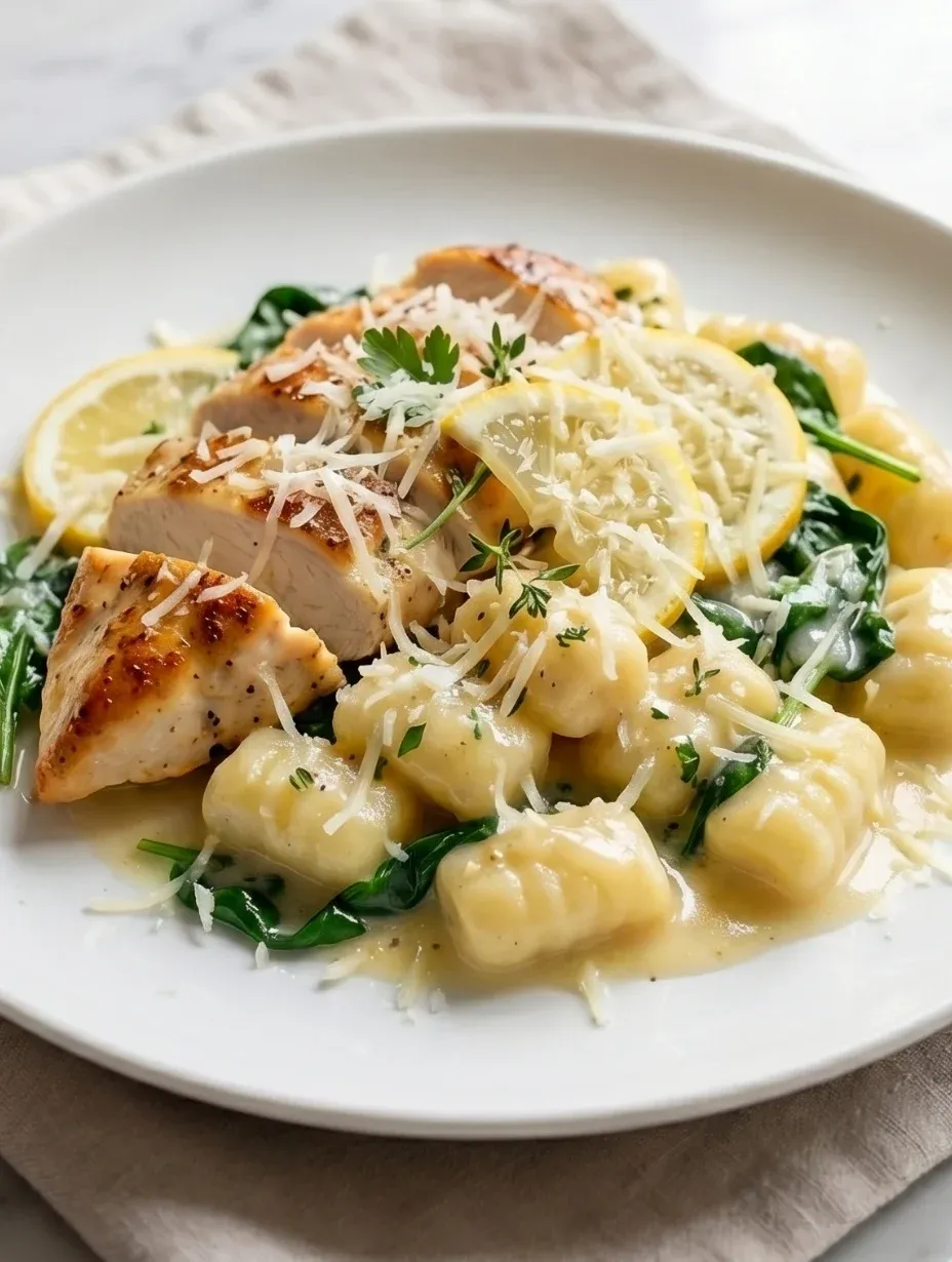 One-pan lemon chicken gnocchi served on a white plate with creamy parmesan sauce, spinach, and seared chicken, an easy spring dinner idea.