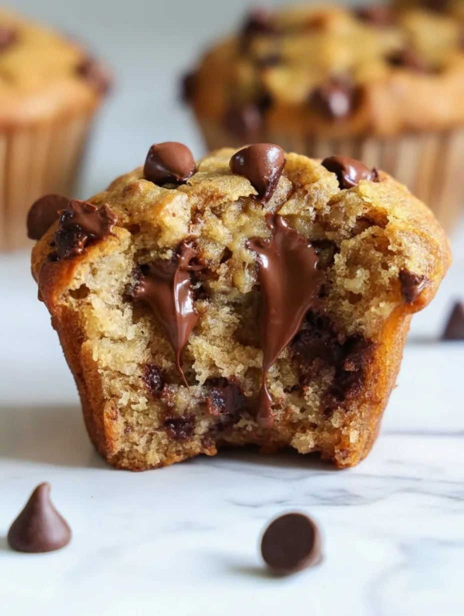 A close-up of a broken banana chocolate chip muffin with melting dark chocolate and a moist yellow crumb.